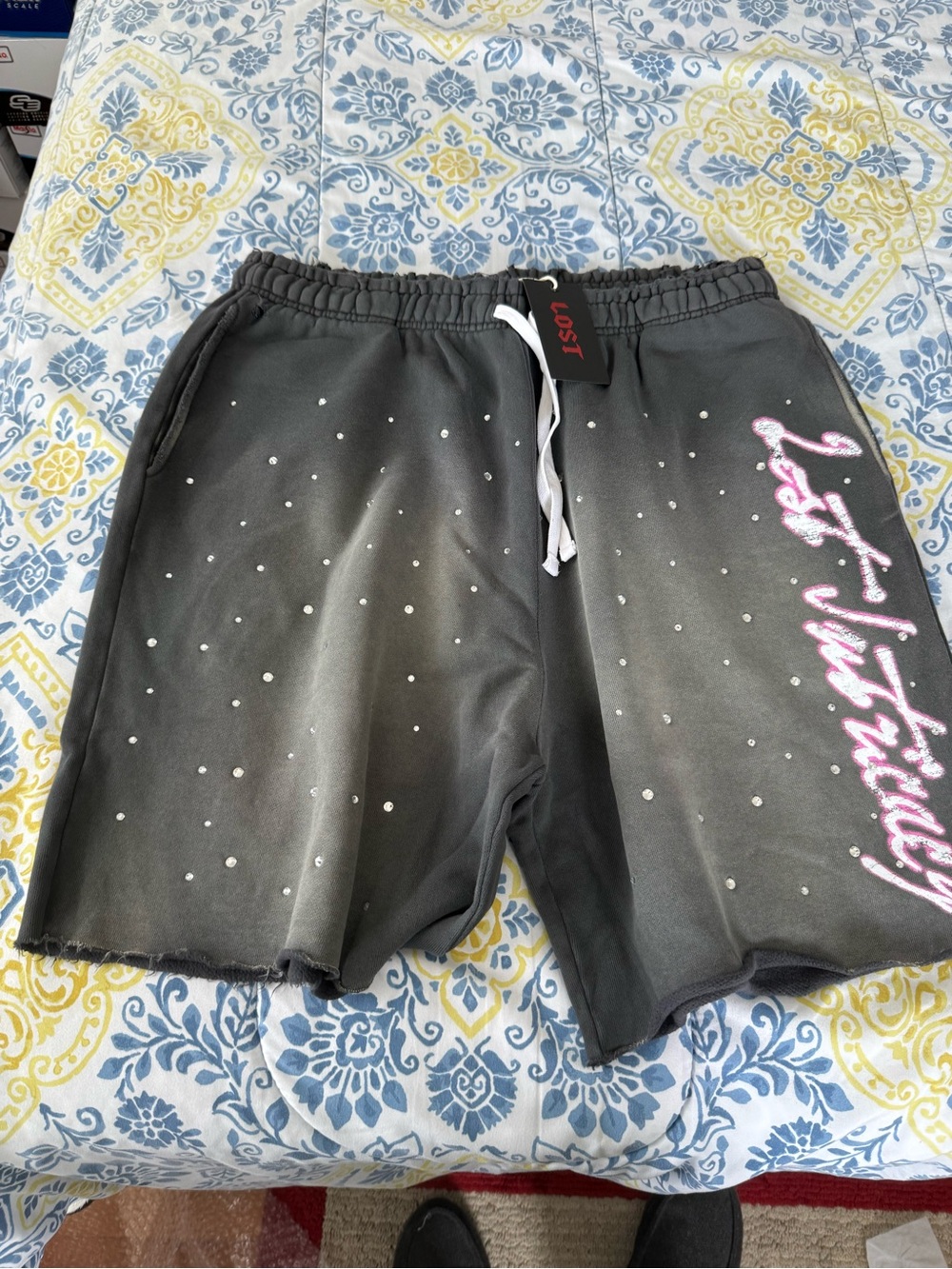 Lost Intricacy Black Shorts with Pink Script & Crystal Studs